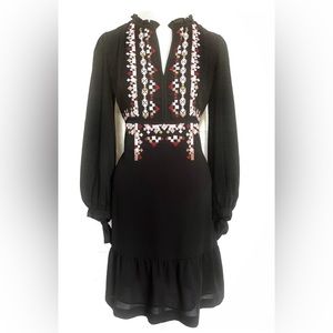 Ann Taylor Dress Embroidered w/ sleeve ties Ruffle neckline and hem Fully lined